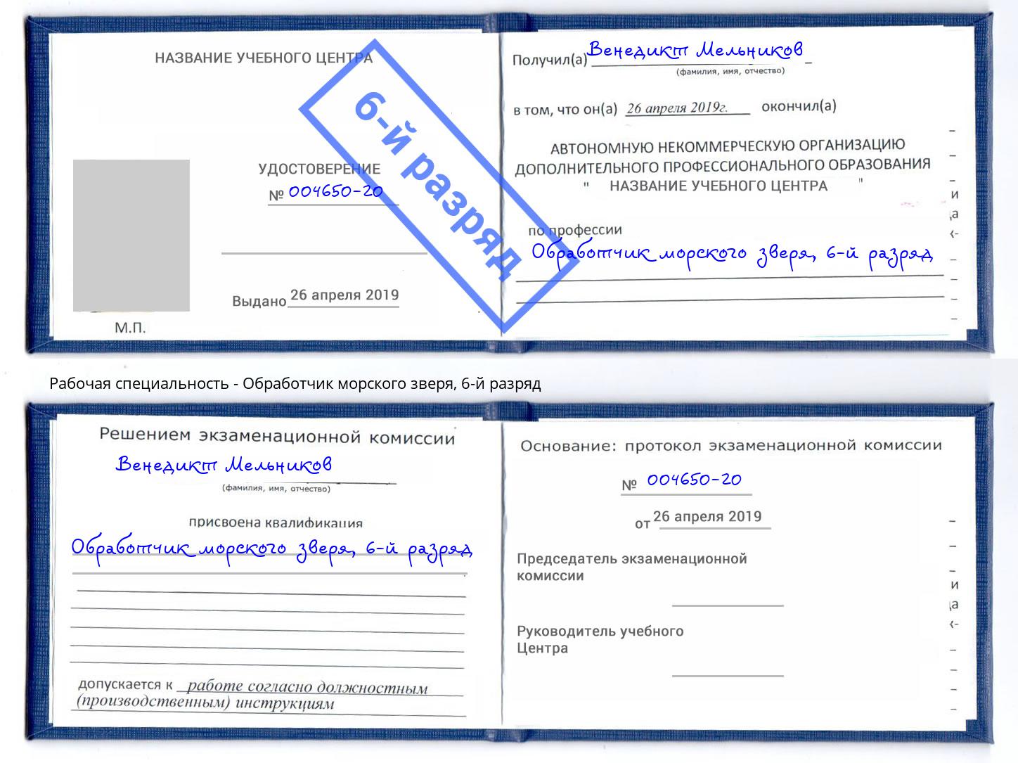 корочка 6-й разряд Обработчик морского зверя Волхов