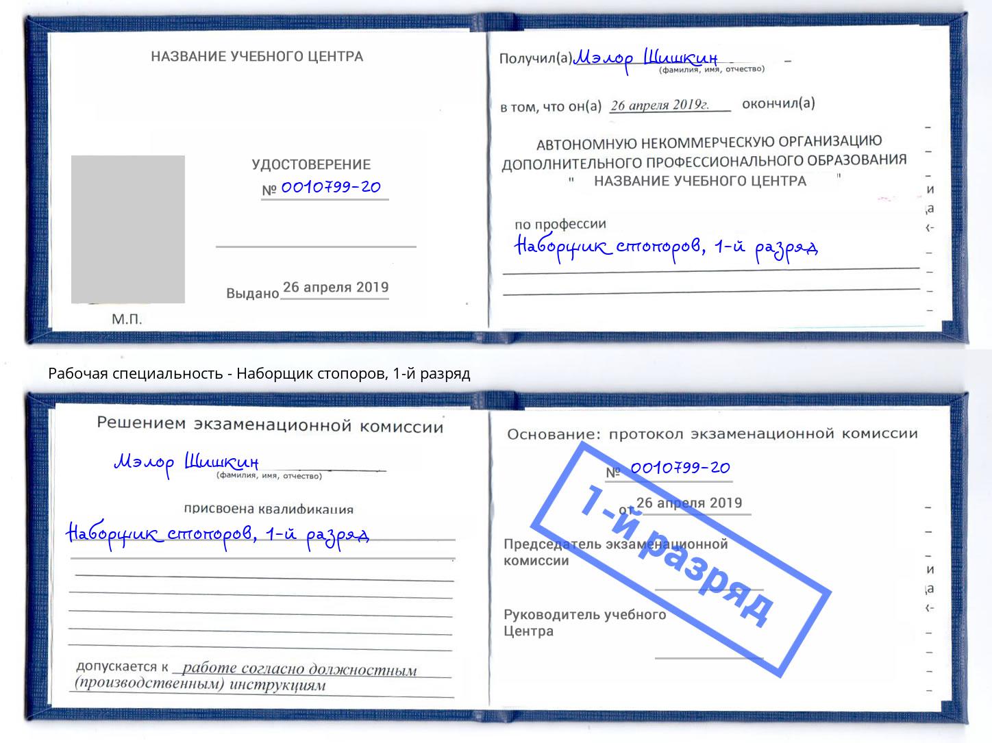 корочка 1-й разряд Наборщик стопоров Волхов