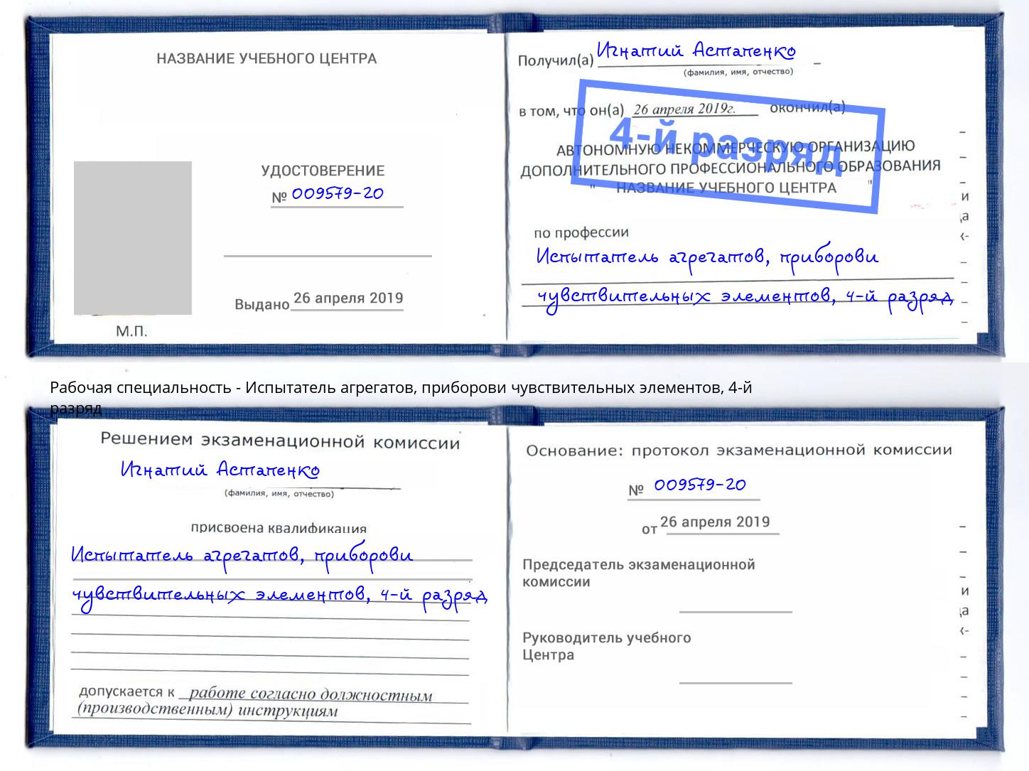 корочка 4-й разряд Испытатель агрегатов, приборови чувствительных элементов Волхов