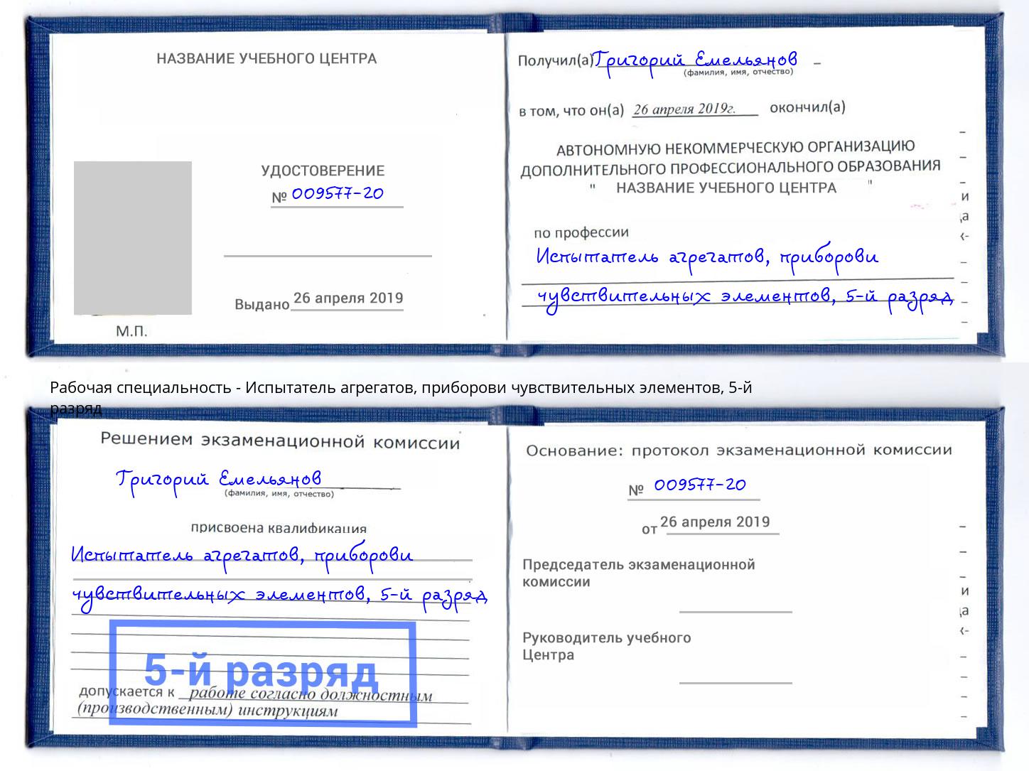 корочка 5-й разряд Испытатель агрегатов, приборови чувствительных элементов Волхов