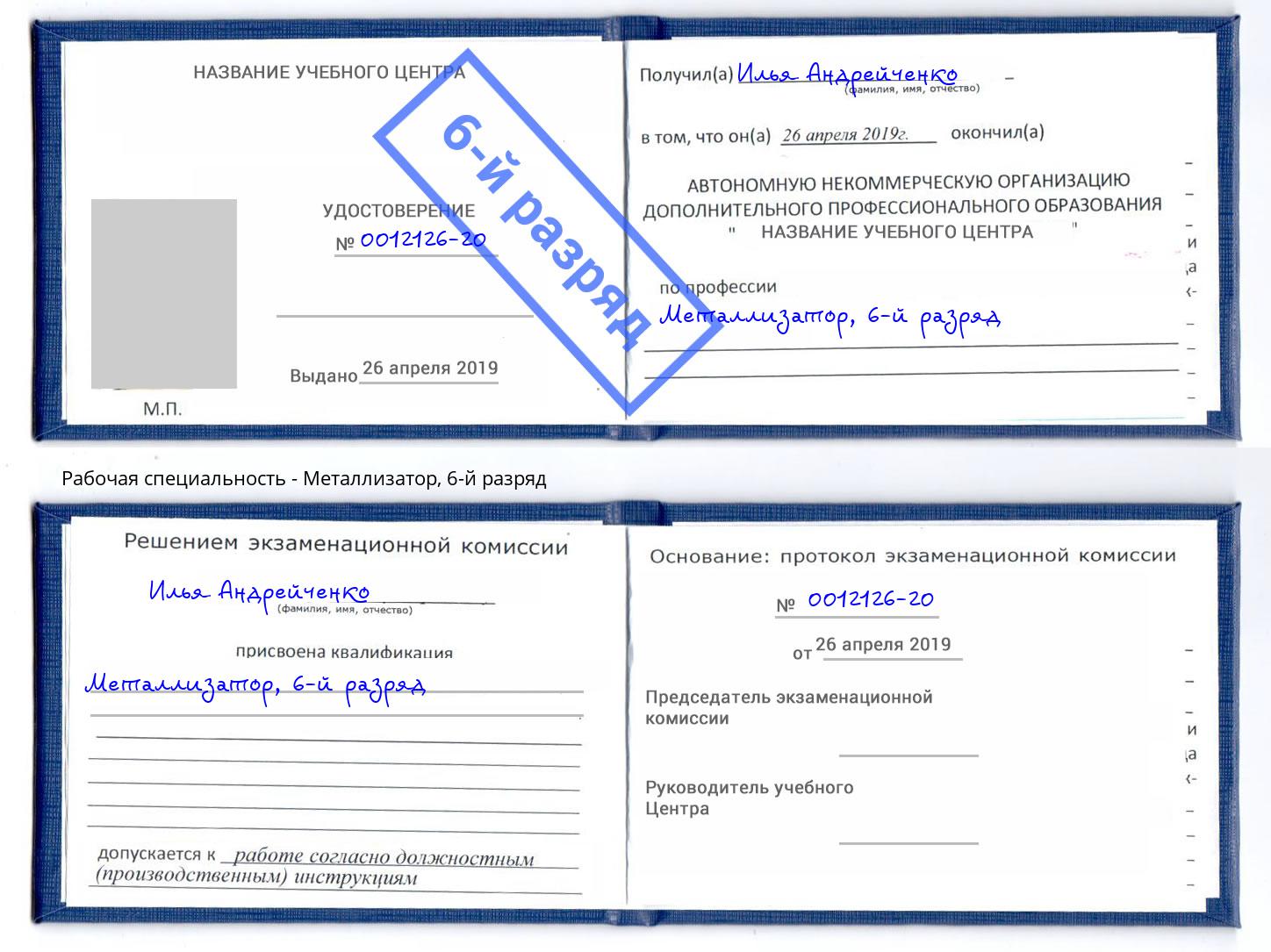 корочка 6-й разряд Металлизатор Волхов