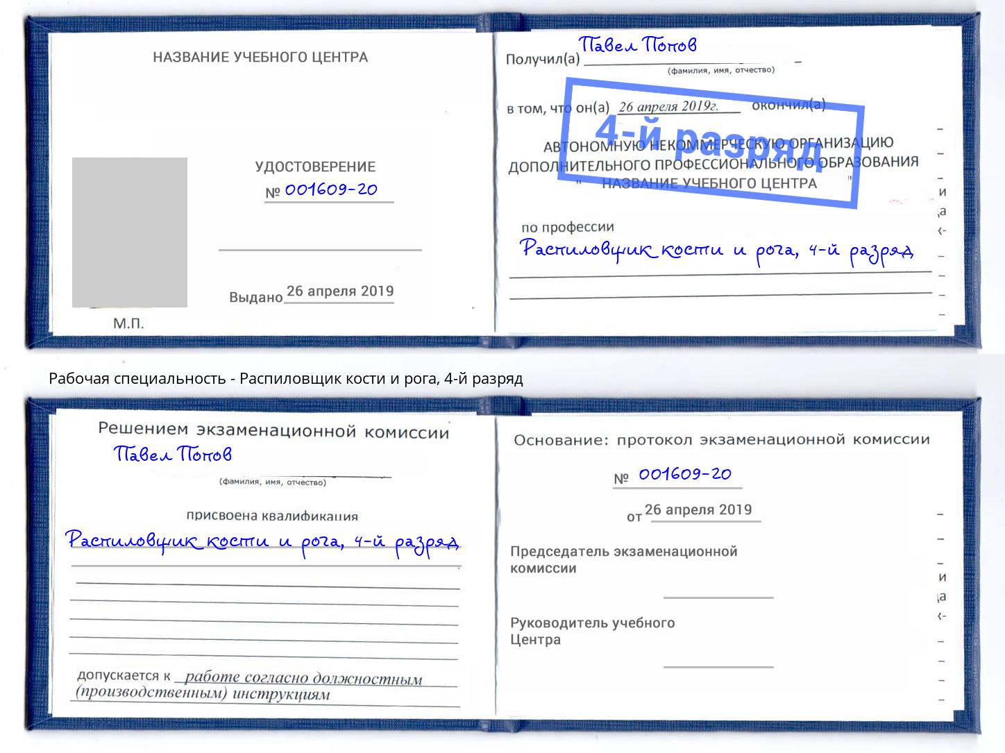 корочка 4-й разряд Распиловщик кости и рога Волхов