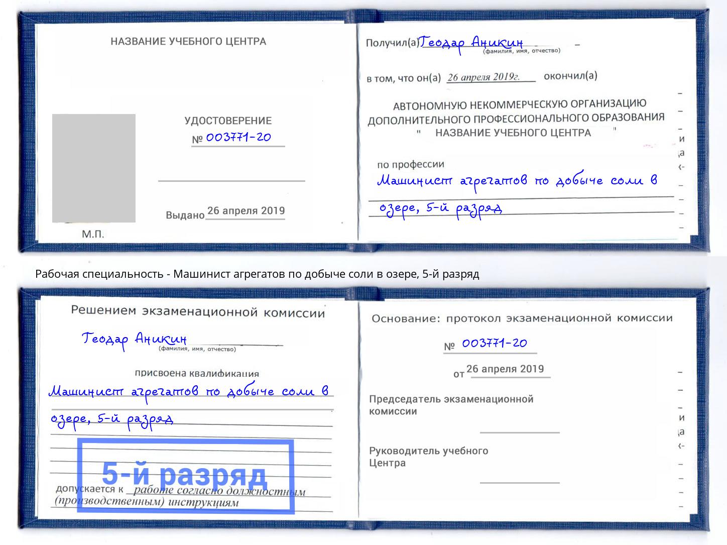 корочка 5-й разряд Машинист агрегатов по добыче соли в озере Волхов