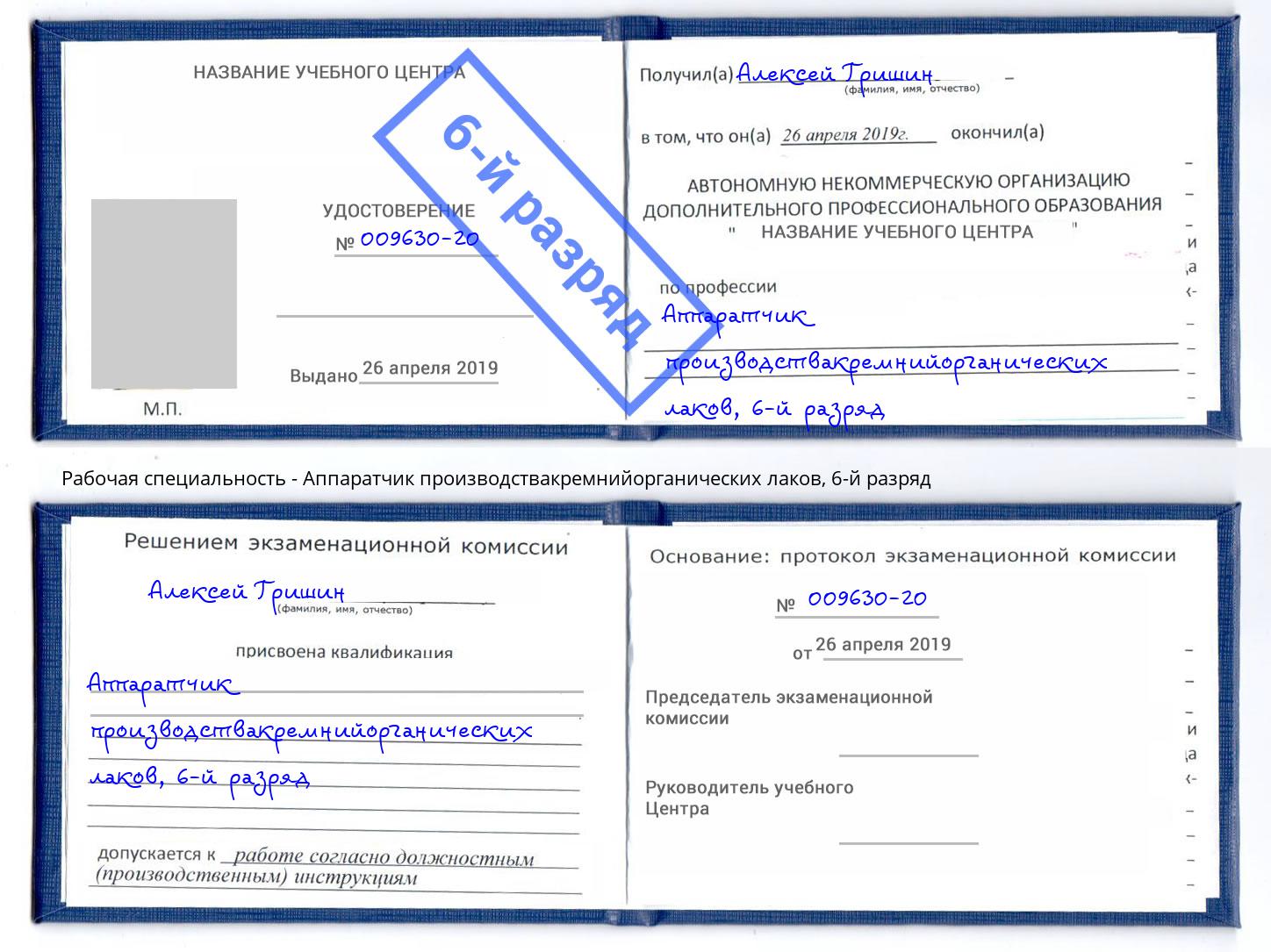 корочка 6-й разряд Аппаратчик производствакремнийорганических лаков Волхов