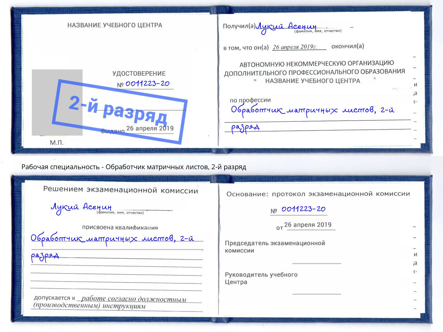корочка 2-й разряд Обработчик матричных листов Волхов