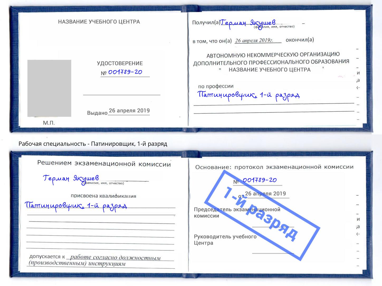 корочка 1-й разряд Патинировщик Волхов